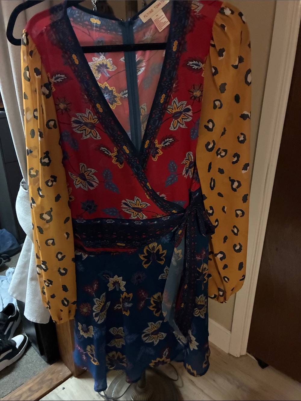 Flying Tomato Red, Navy & Mustard Floral Wrap Dress